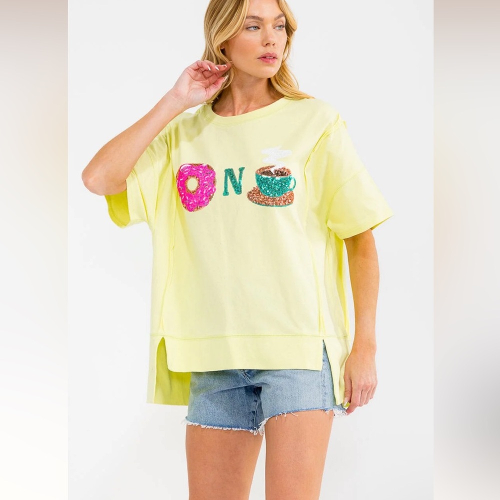 Womens Yellow Sequin Graphic Tee